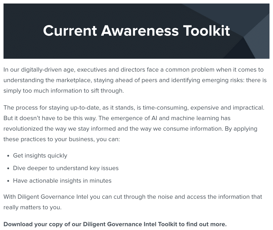 Lead magnet landing page example from Diligent