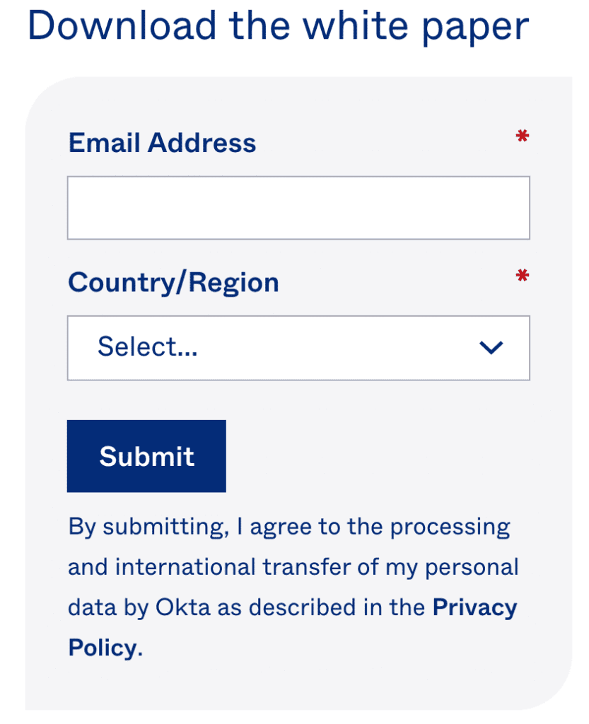 Example of form on Okta's opt in page