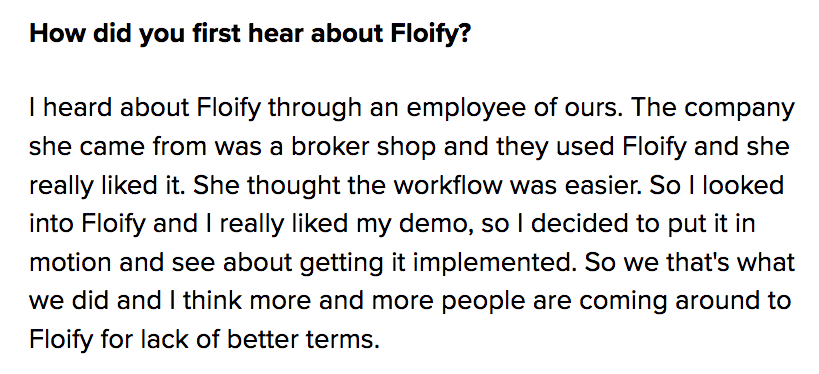 Snippet from a Q&A-style case study from Floify