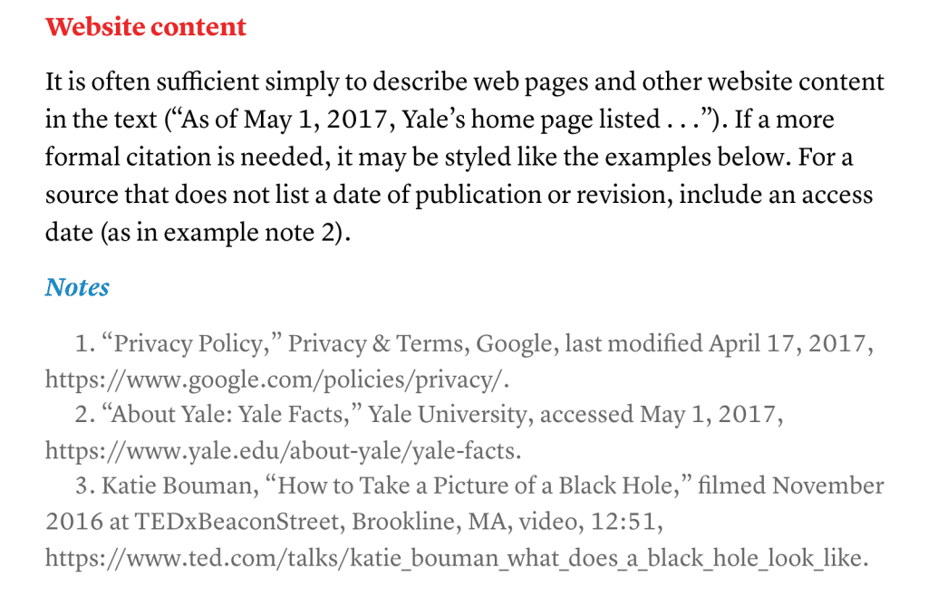 The image is a screen capture of a section of the online version of the Chicago Style Guide. It describes how to cite website sources in footnotes or endnotes. The content in the image can be accessed via the link in the caption.