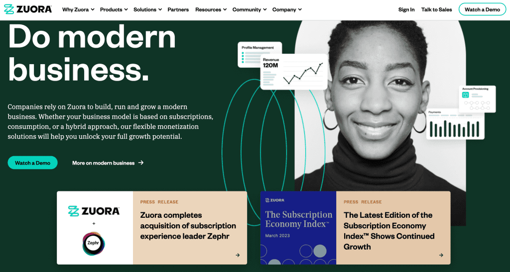 A screen capture of Zuora dot com. The brand colors on display are dark green, white, turquoise and tan.