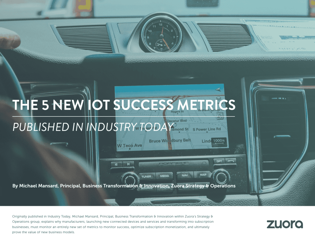 The cover of an ebook published by Zuora showing the same colors as the brand's website. The title of the ebook appears in white text superimposed over a photograph of a car's dashboard display, which shows a navigation map displaying a route.
The colors of the photograph have been edited to invoke the company's brand.