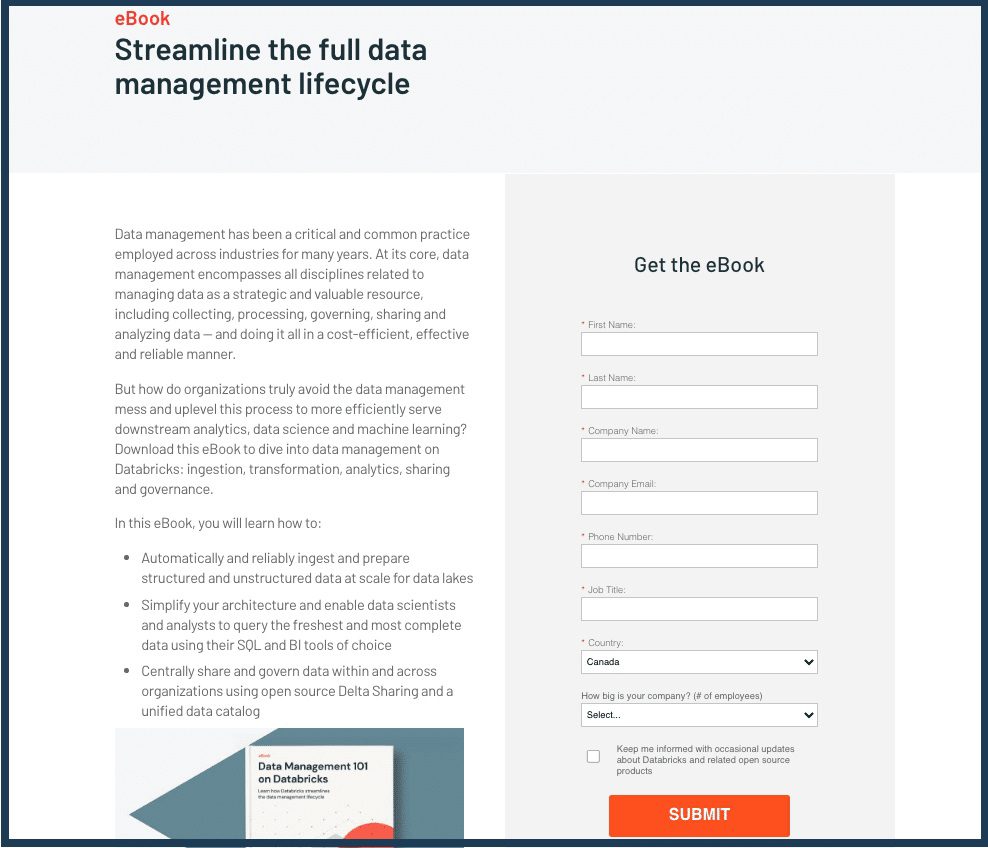 Example of an ebook landing page from Databricks